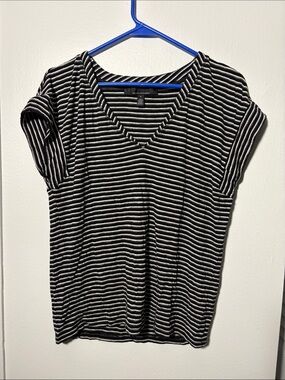 White House Black Market Black & White Striped V-Neck Tee